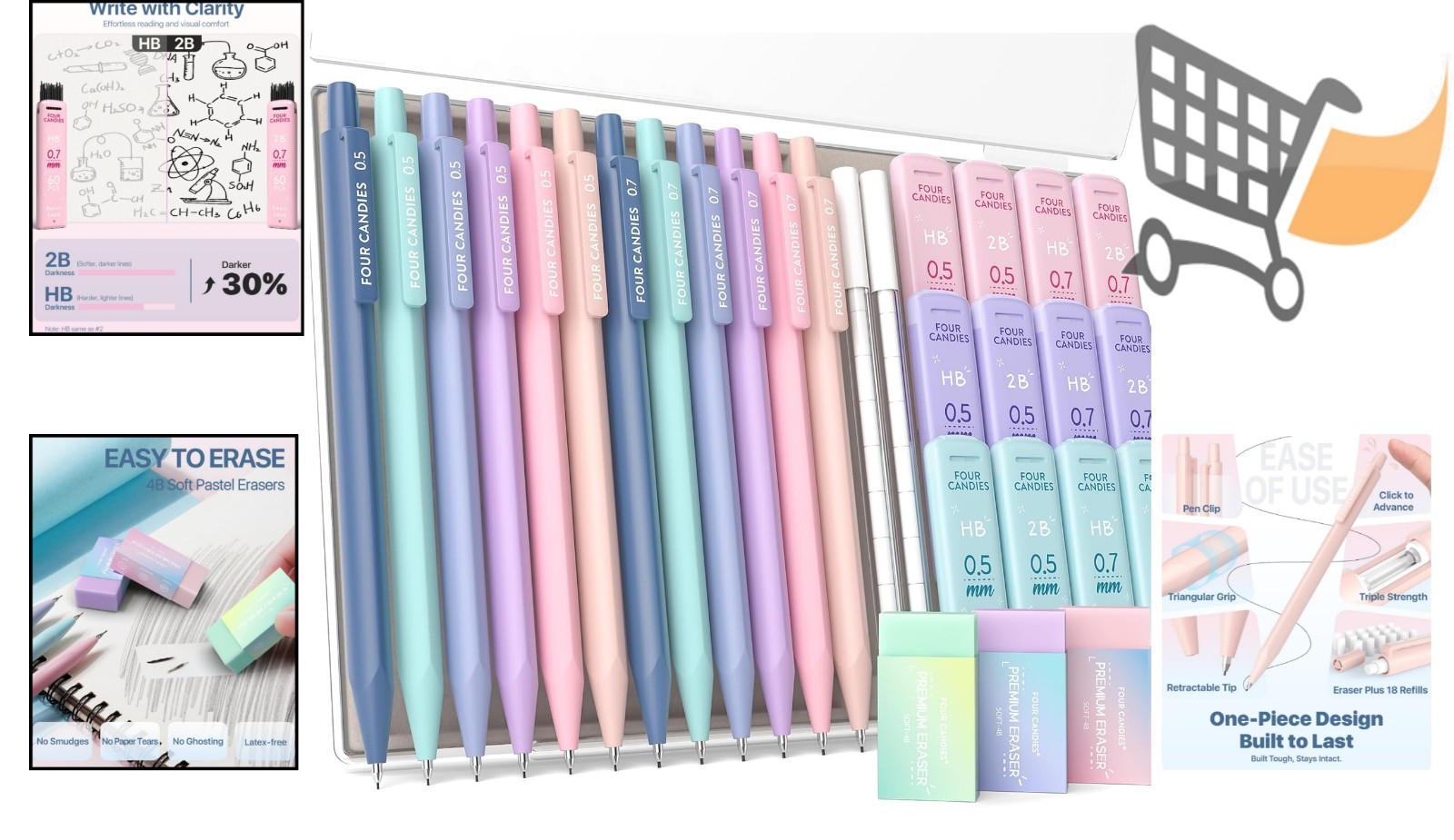 Mechanical Pencil Set 0.5 & 0.7mm Leads Erasers Case School Supplies