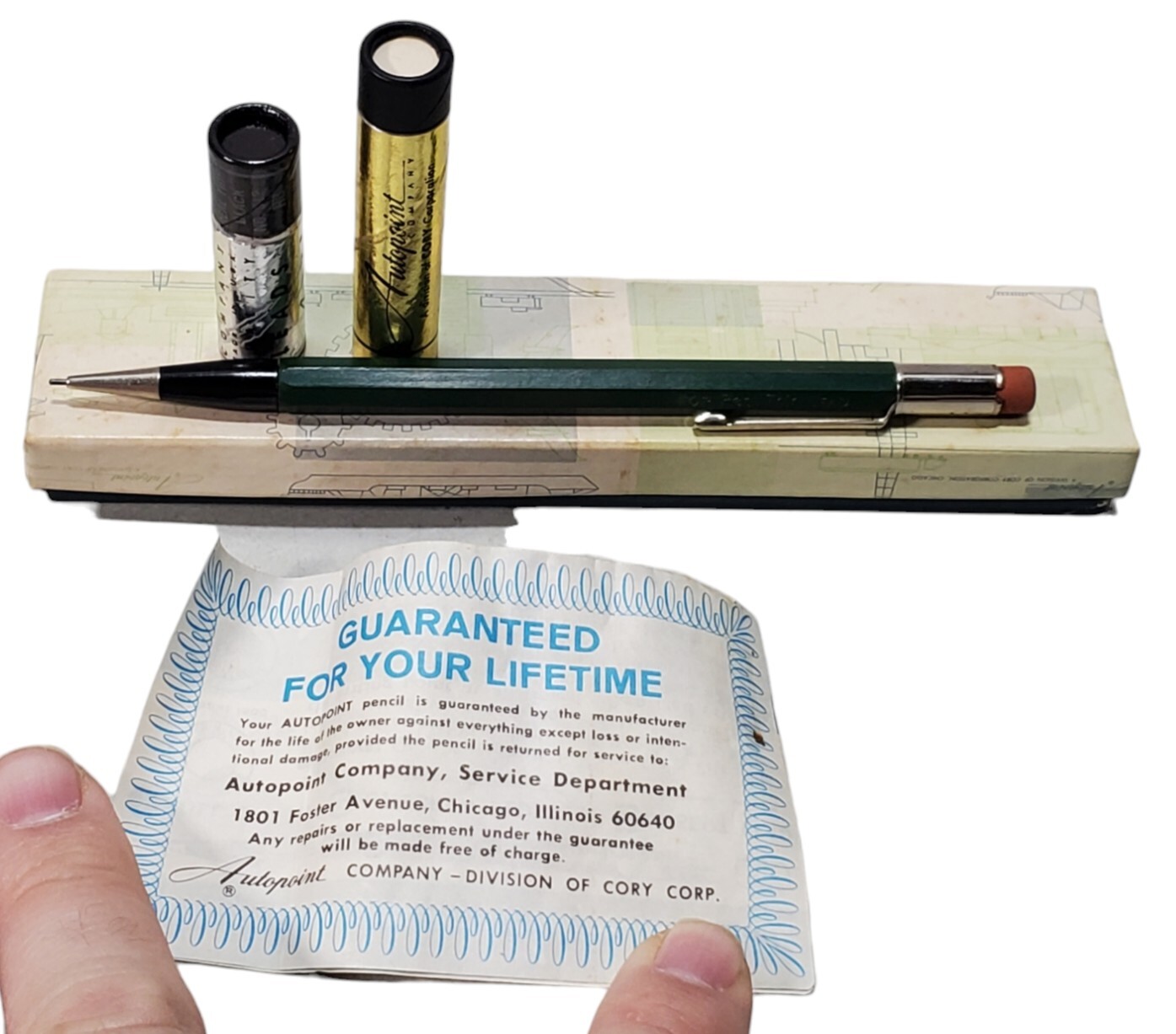 Vintage Autopoint Mechanical Pencil For Real Thin Lead With Box & Leads Green