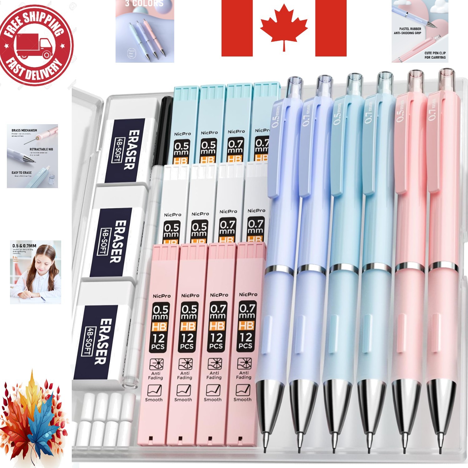 Student-Friendly 6 PCS Pastel Mechanical Pencil Set with Lead Refills & Erasers