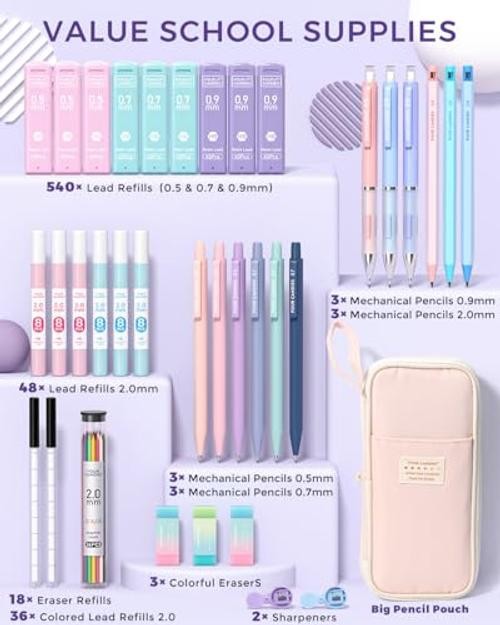 36PCS Aesthetic School Supplies, Mechanical Pencils 0.5mm, 0.7mm, 0.9mm & Pink