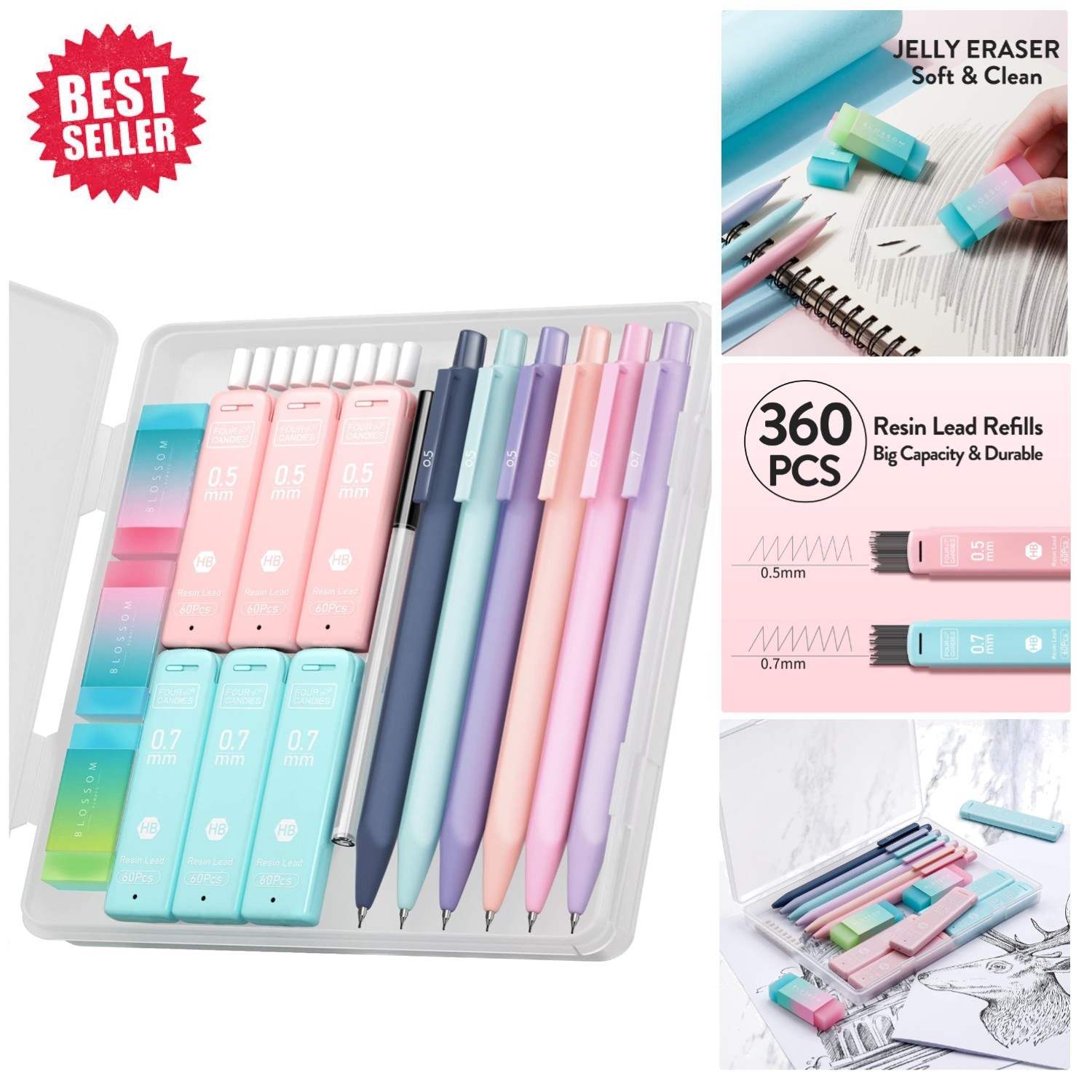Pastel 6PCS Mechanical Pencils with 360HB Leads & Erasers – Writing Essentials