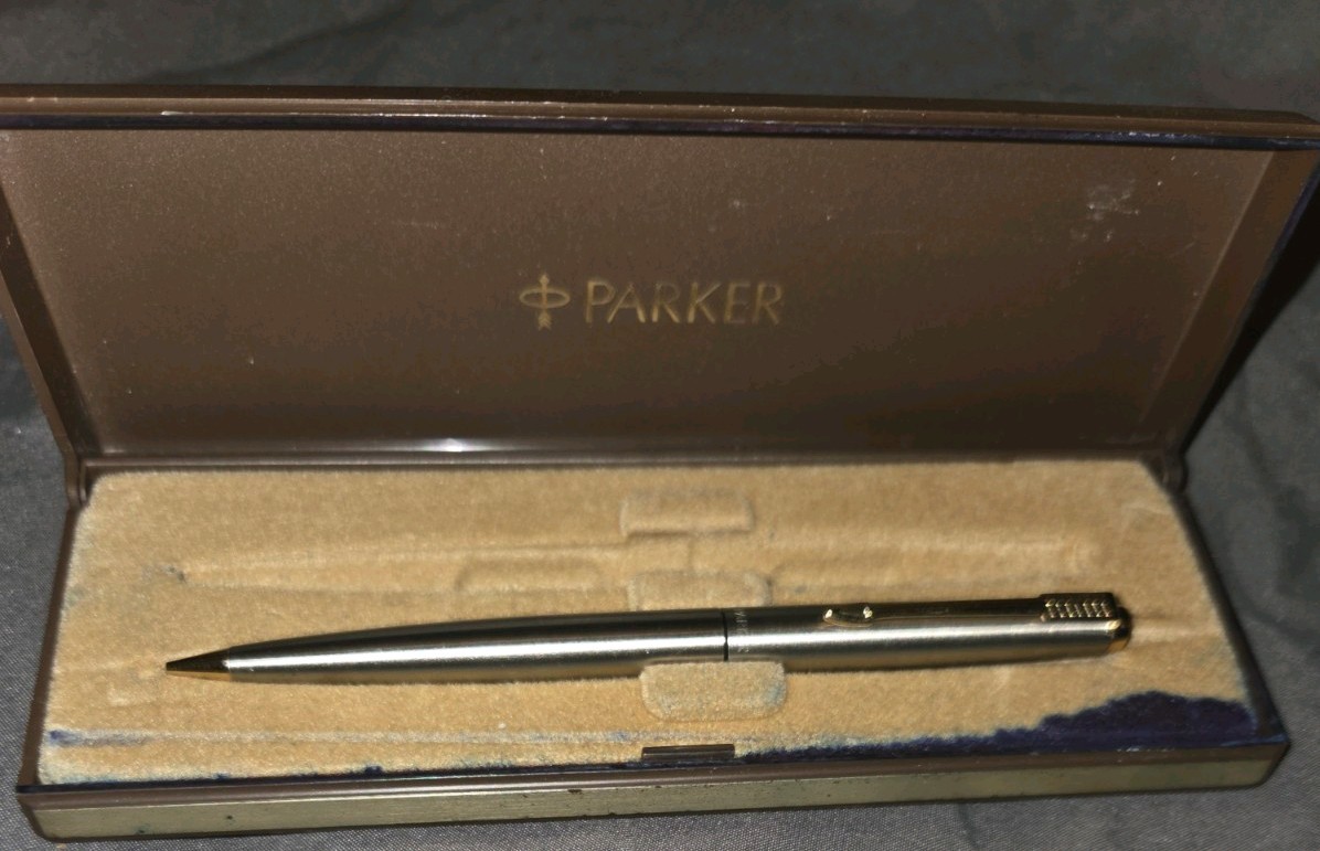 Vintage 1970’s Parker 45 Flighter Brushed Steel Mechanical Pencil w/ Gold Trim