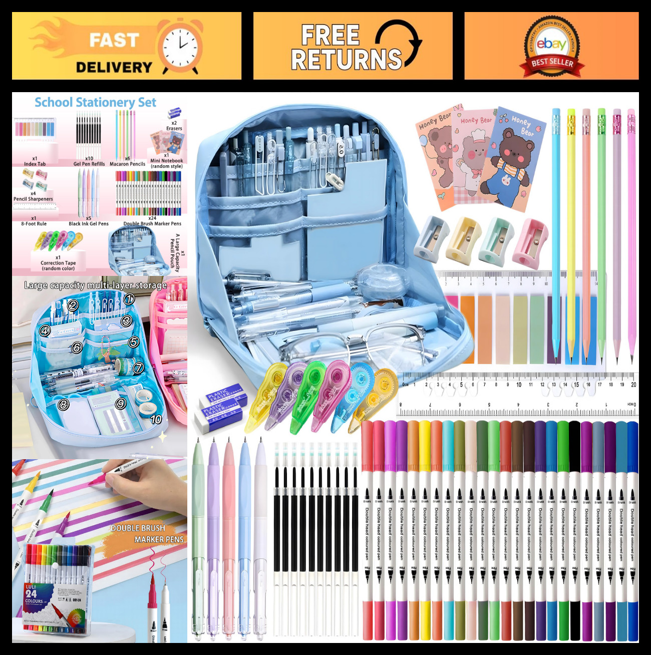 56 PCS Aesthetic School Supplies Set – Large Pencil Case, Markers, Gel Pens, Pen
