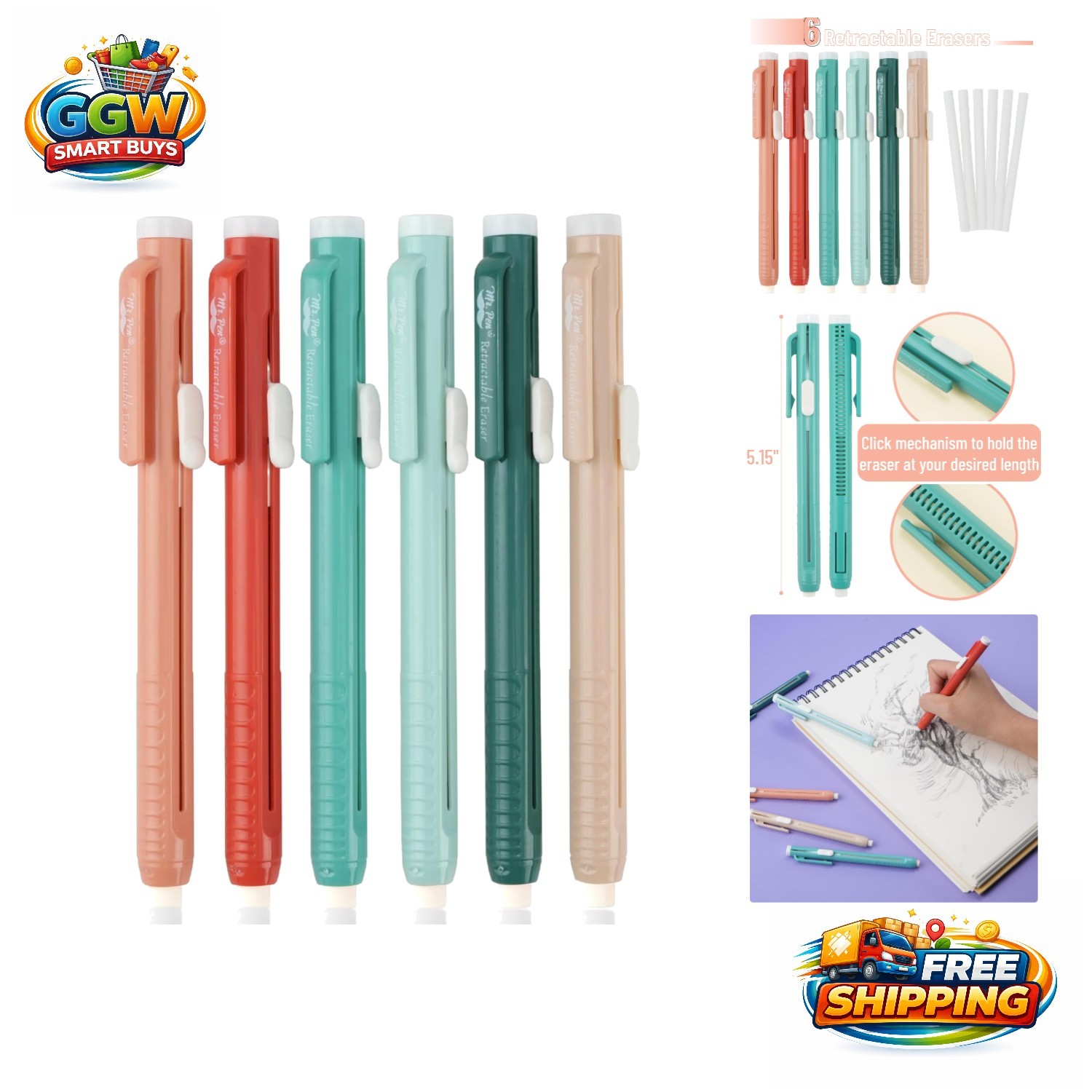 Smooth-Click Retractable Mechanical Erasers – 6 Coral Pens for Clean Corrections