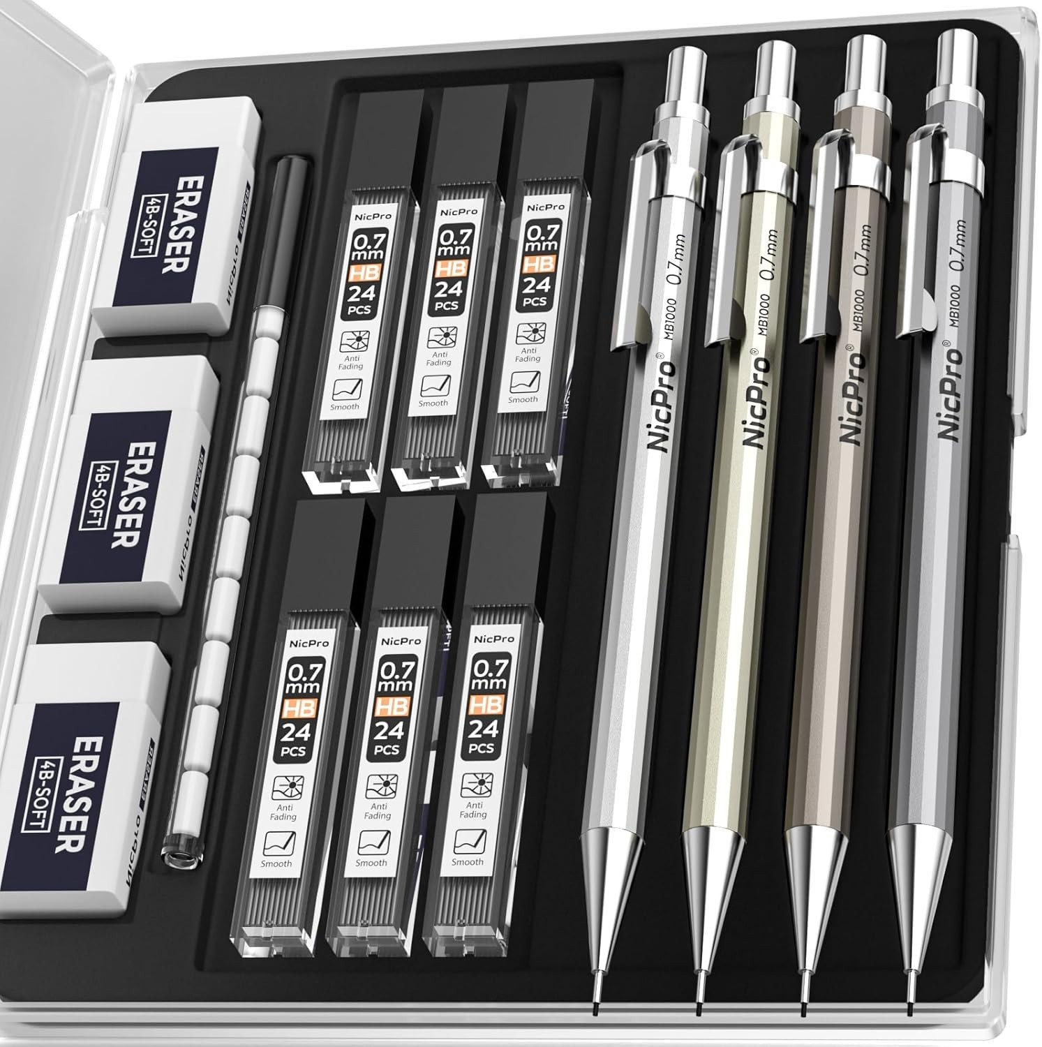 4 Pack Mechanical Pencil 0.7mm with Case, MB1000 Metal Mechanical Pencil Set …