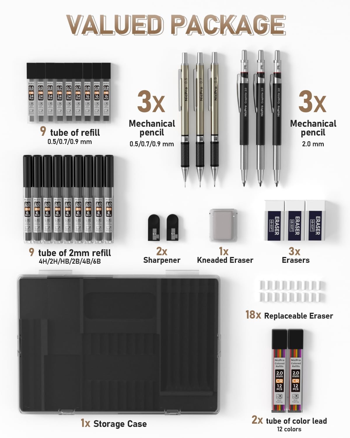 Nicpro 35PCS Art Mechanical Pencil Set, 3 PCS Metal Drafting 0.5 Black