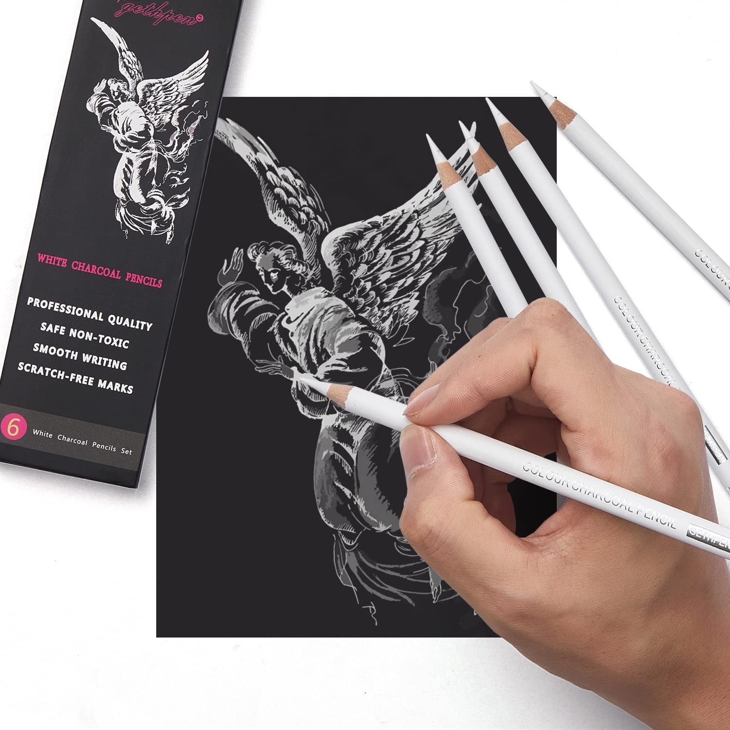 GETHPEN Professional White Charcoal Pencils Set – 6 Count (Pack of 1),