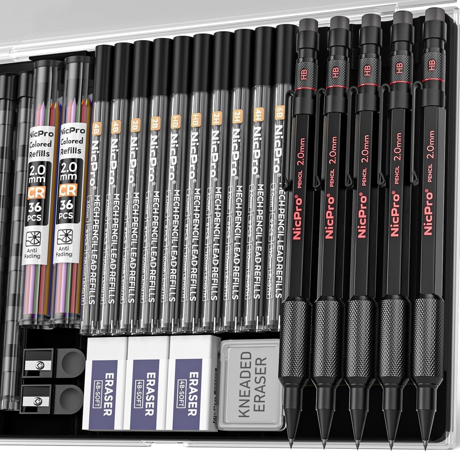 Multifunctional 2mm Mechanical Pencils Set Includes 5 Pencils and Case 72 Leads