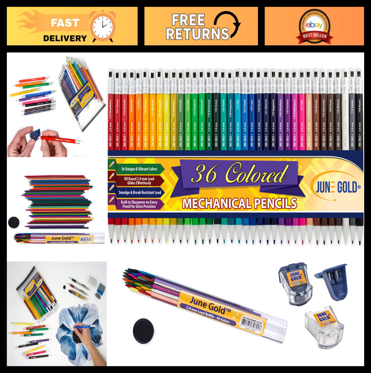 Assorted 36 Colored Mechanical Pencils 2.0mm with Refills & Sharpeners – Unique
