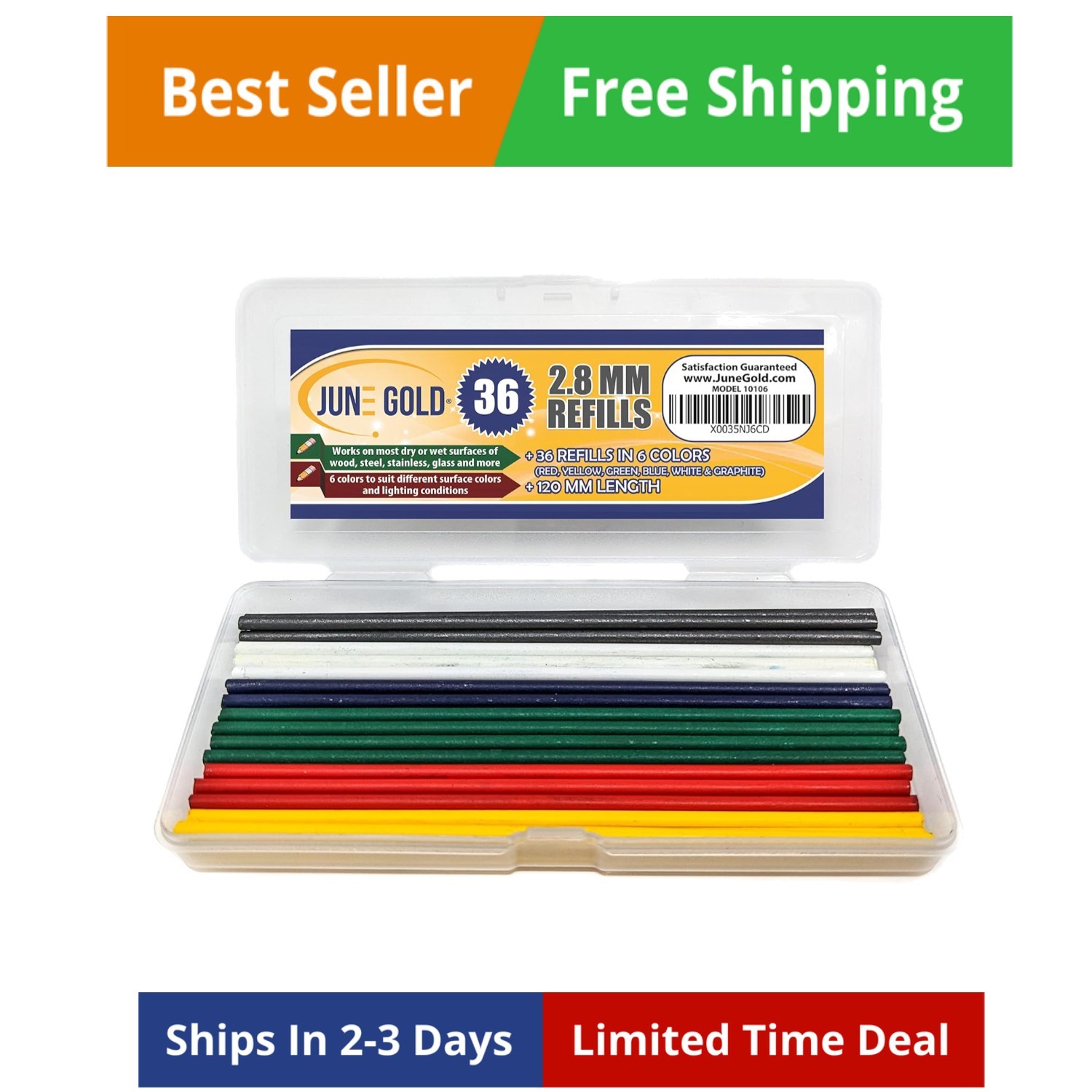 36 Colored 2.8 Mm Lead Refills, 6 Colors, Deep Or Long Nose &