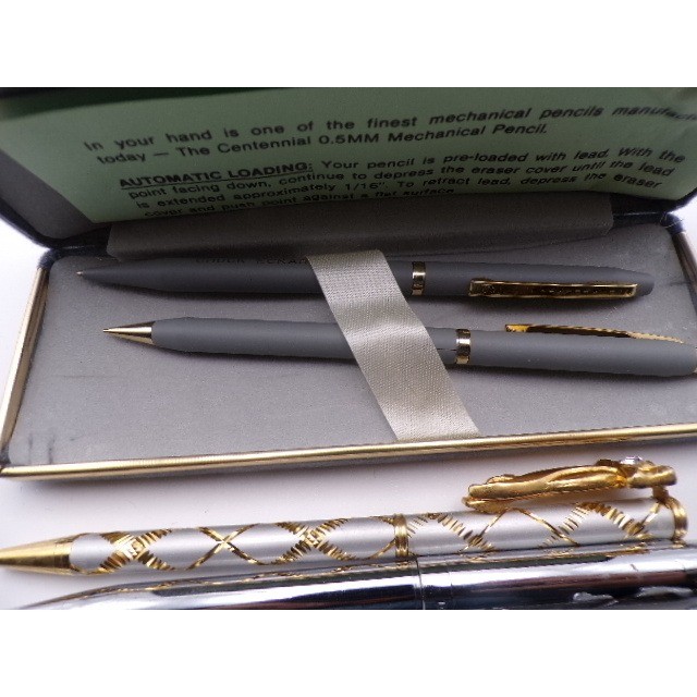 Vintage Mechanical Pencil and Pen Sets Two Tone Silver Gold Tone Engraved Case