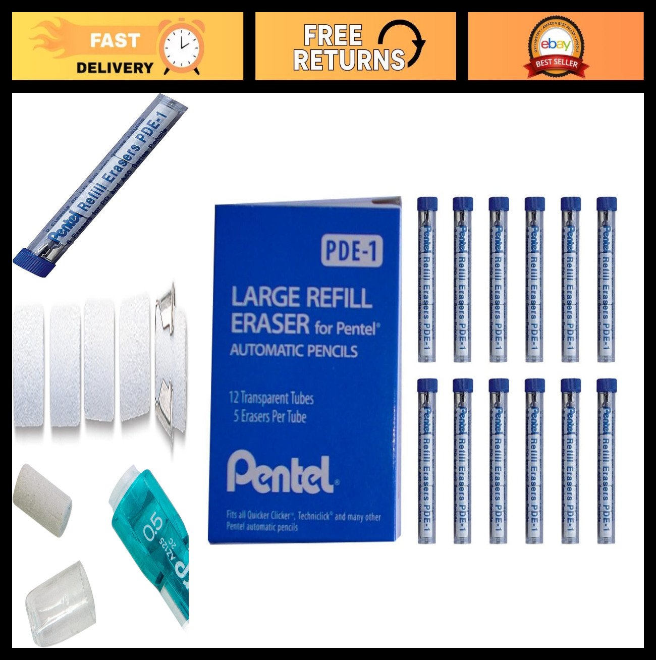 Eraser Refills for AL, AX, PD Series Pencils – 5 Pcs/Tube, Box of 12