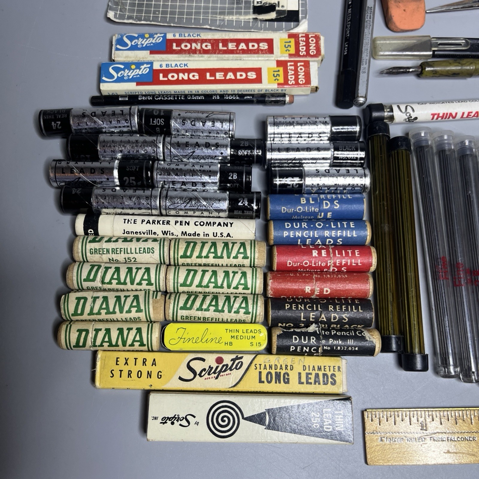 Lot of Vintage Drawing Art Leads Brushes Berol Faber Falcon Ruler Scripto Diana