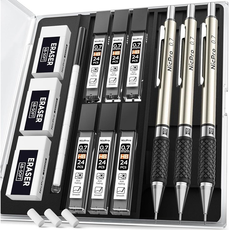 Mechanical Pencil Set 0.7mm W/ Lead Refills Erasers Ideal Artists Students New