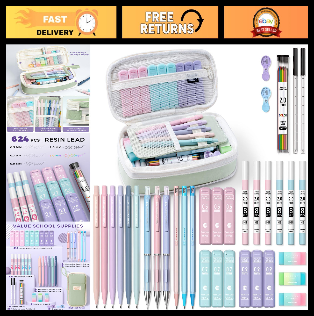 36PCS Mechanical Pencil Set with 624 Lead Refills – 0.5mm to 2.0mm, Aesthetic Sc