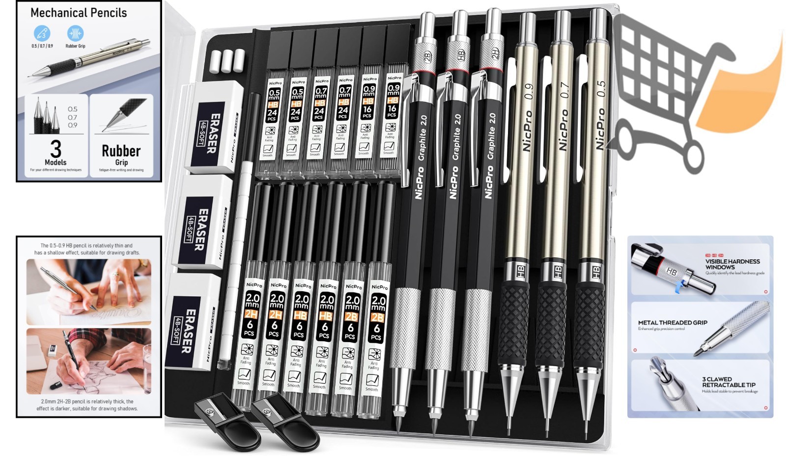 Art Mechanical Pencil Set 6Pcs Metal Drafting Lead Holder Erasers Sketching