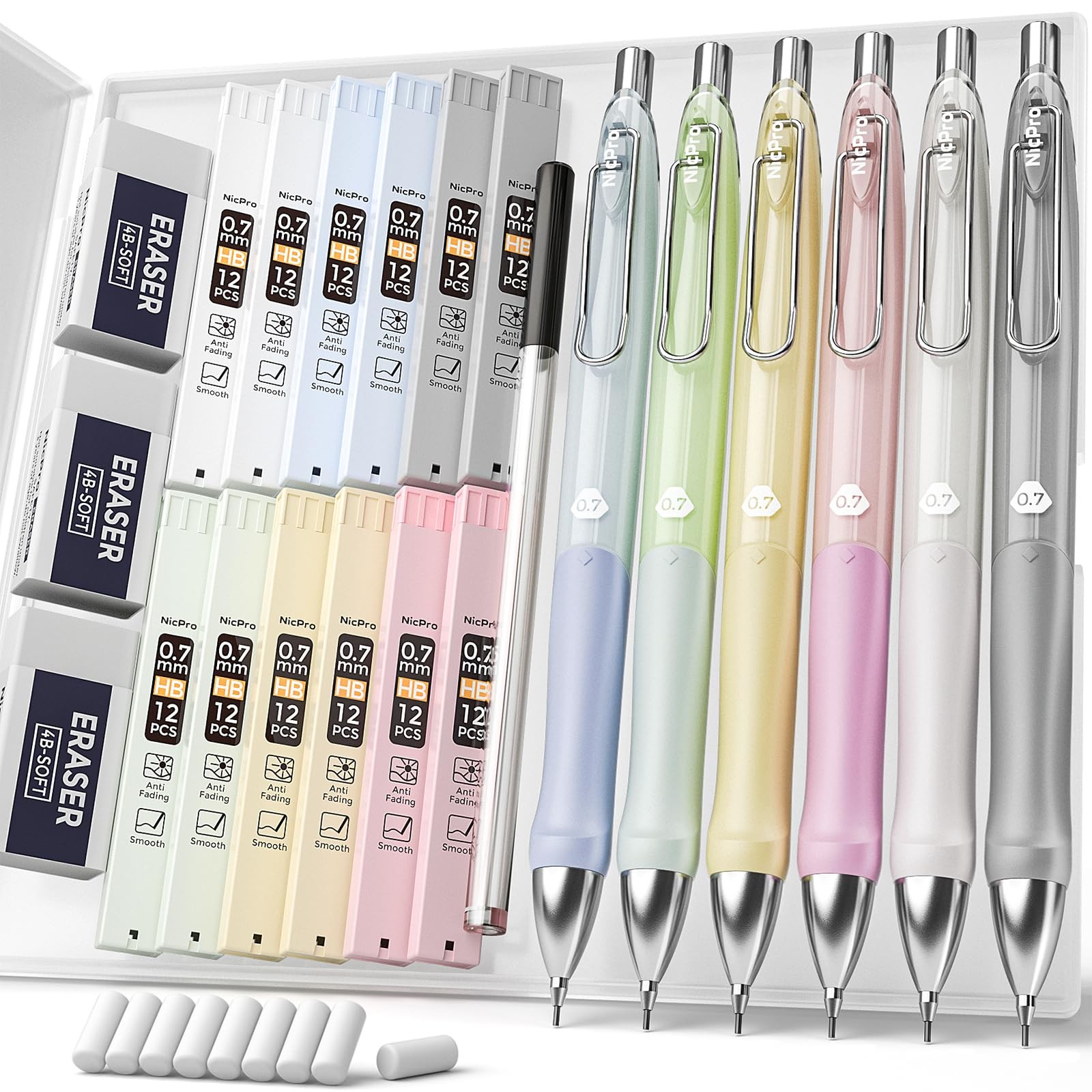 Nicpro 6PCS Pastel Mechanical Pencil Set 0.7 mm, Cute 0.7, Green
