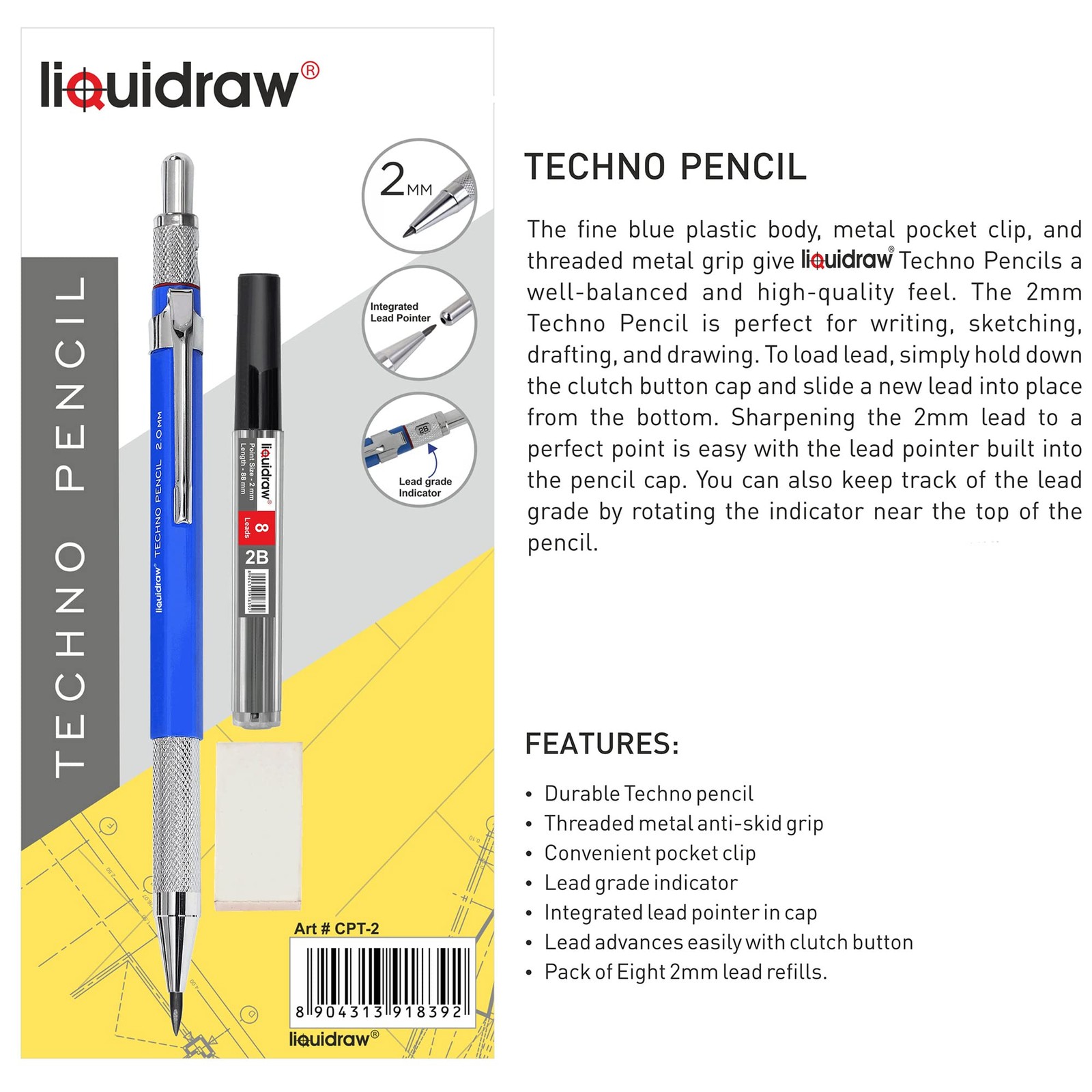 Liquidraw Mechanical Clutch Pencil & 8 x 2mm 2B 1 Count (Pack of 1), Blue