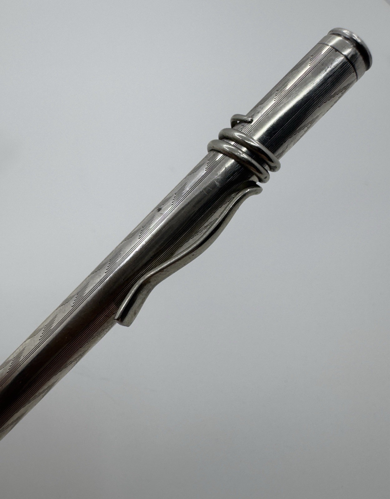 Unmarked Sterling Silver Engine Turned Mechanical Pencil w/ Coil Clip – Working
