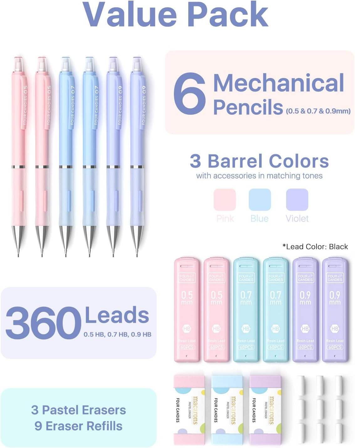 Four Candies 6PCS Cute Mechanical Pencil Set, 0.5Mm 0.7Mm 0.9Mm with 360PCS Lead