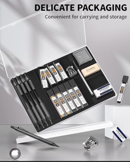21PCS Metal Mechanical Pencil Set, Art Lead Pencil Black 0.3+0.5+0.7+0.9+2.0MM