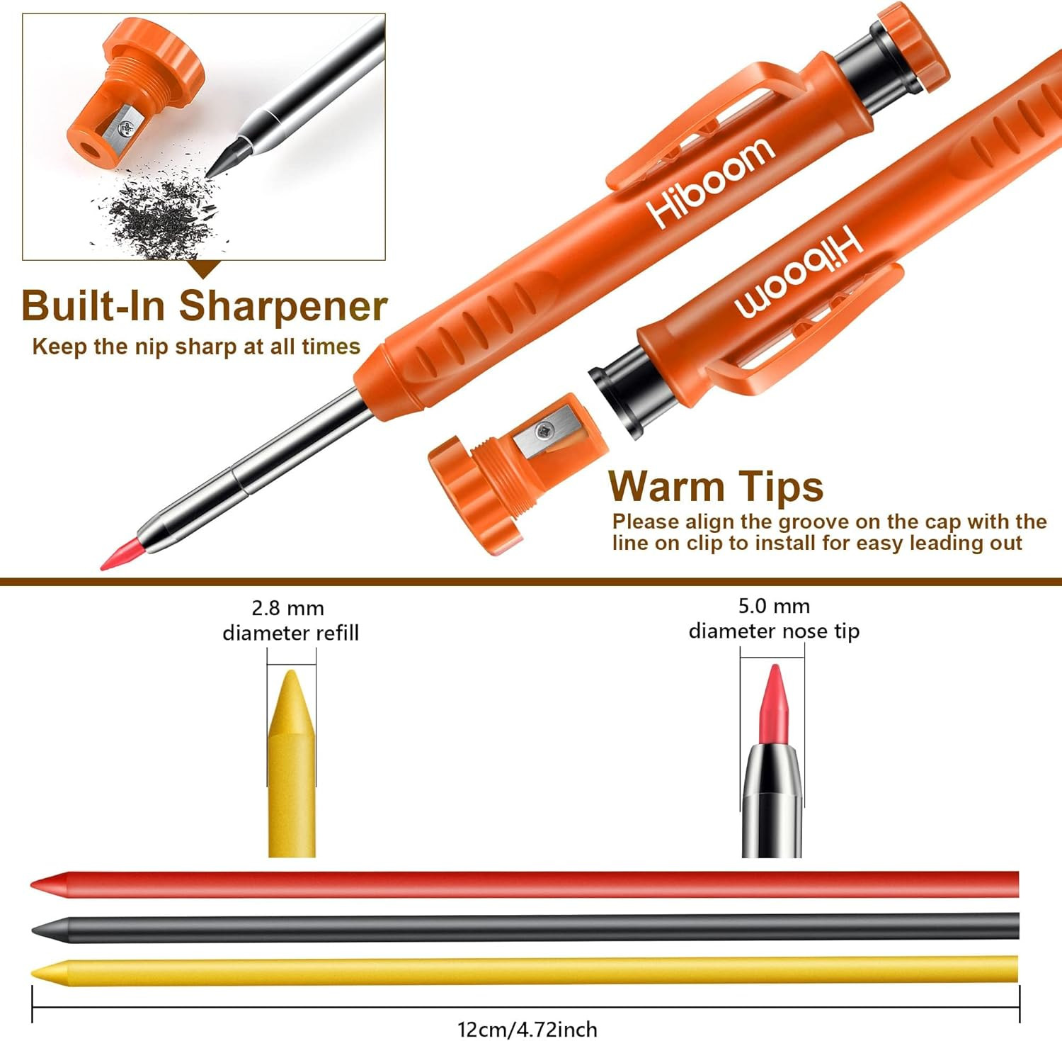 2 Pack Solid Carpenter Pencils with Pencil Cap and 18 Refills, Long Nose Deep Ho