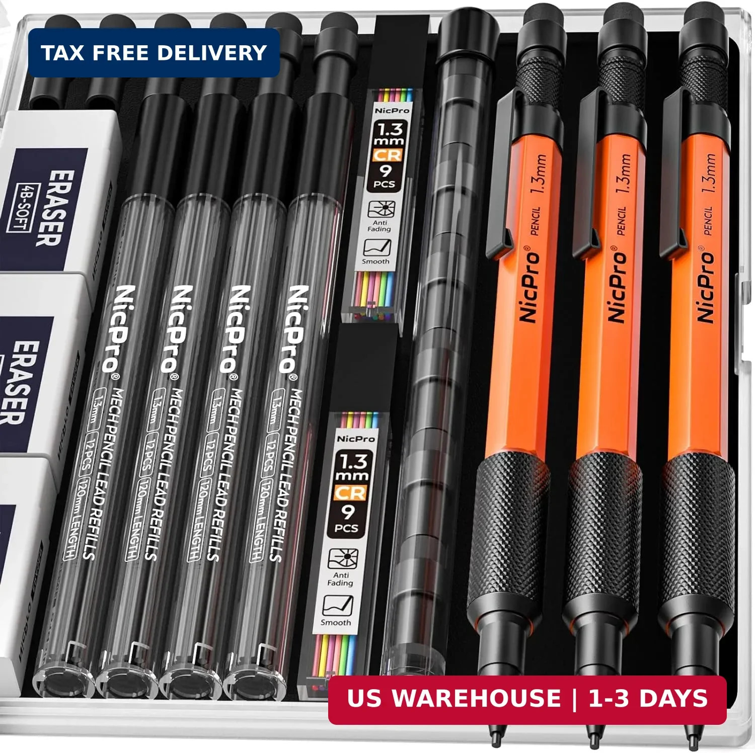 Nicpro 3 PCS 1.3 mm Orange Mechanical Pencils Set with 66 Lead Refill, 3 Eraser
