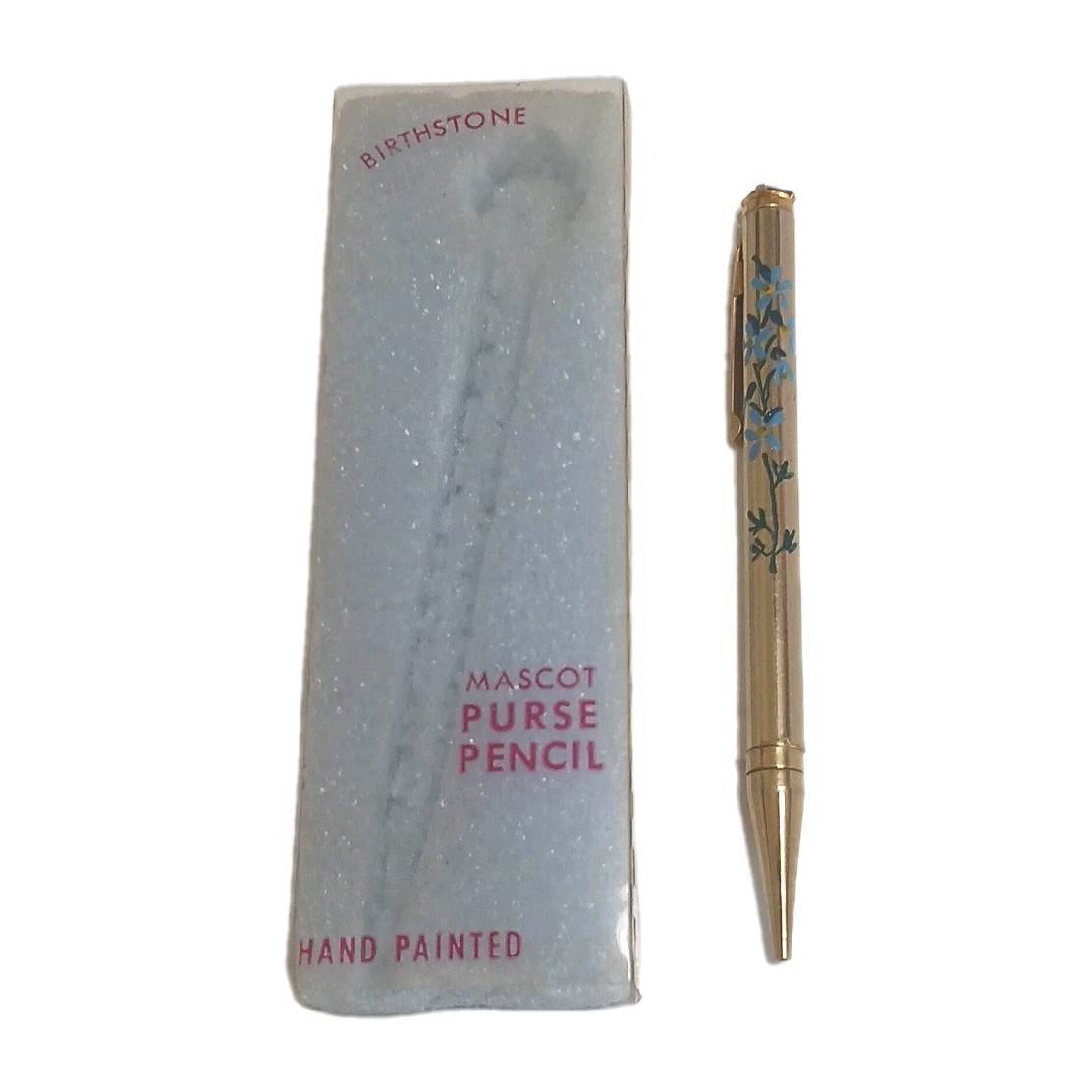 Vtg Pencil Glass Ruby Birthstone Mechanical 3¾” Hand Painted Floral by Mascot