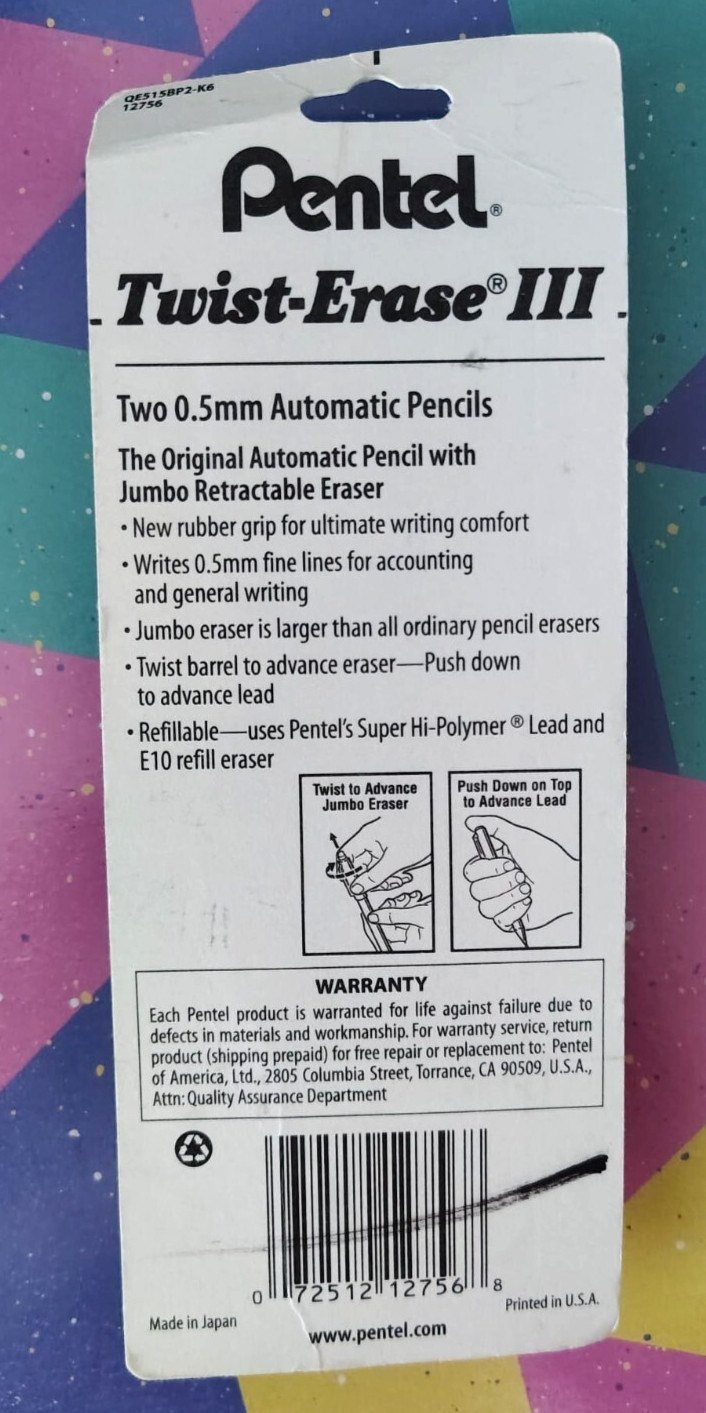 New Pentel Twist-Erase III 0.5 Mm 2 Blue Black Mechanical Lead Pencils Japan