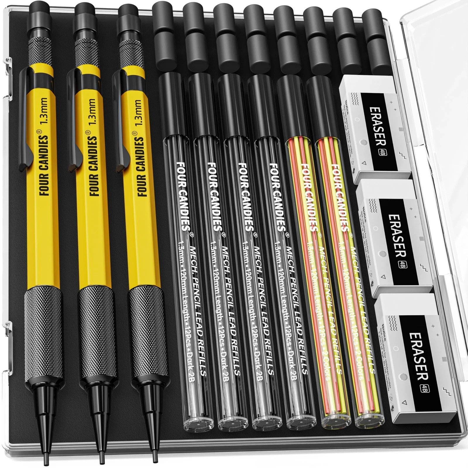 3PCS 1.3mm Mechanical Pencil Set with Case, Metal Heavy Duty Carpenter Pencil