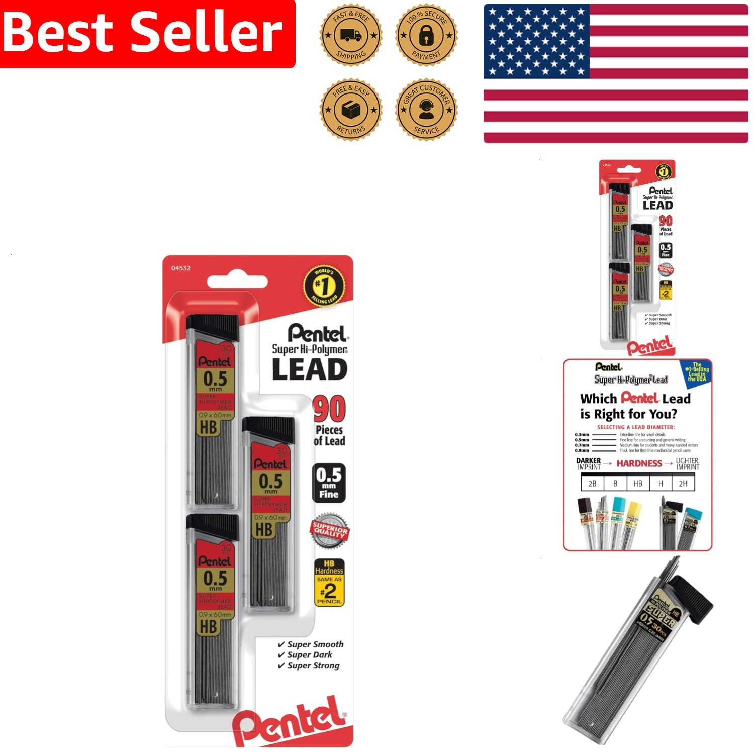 Graphite Lead Refills HB 0.5mm Super Hi-Polymer Durable Strong 90 Count Drafting