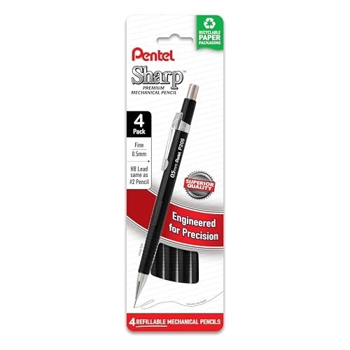 Pentel Sharp Mechanical Pencil, (0.5mm), Fine Line, Black Barrel, Pack of 4 (P20