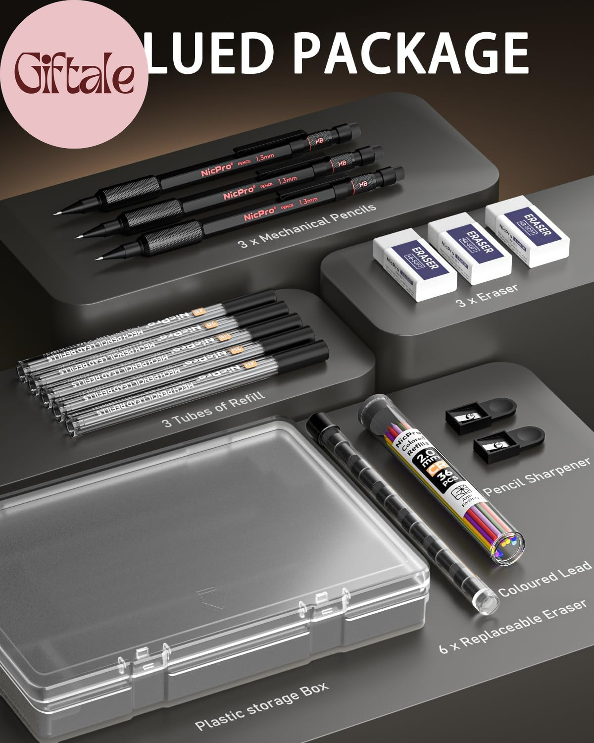 3 Pack 2Mm Mechanical Pencils Set with Case, 33 Graphite Lead Refills (4B 2B HB