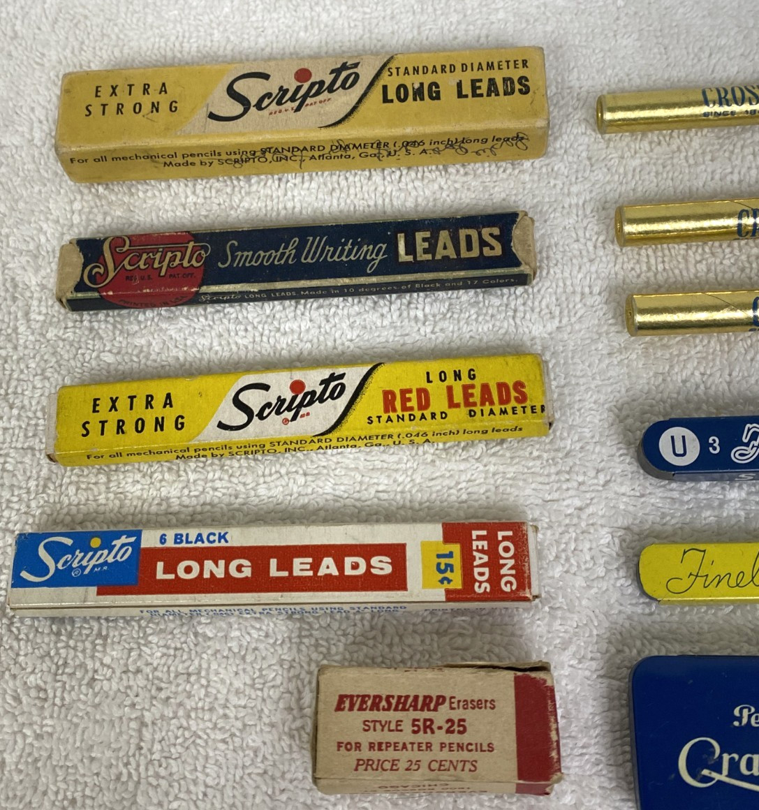 11 Vintage Pencil Leads Erasers Pen Refills Tins Boxes Scripto Sheaffers Cross