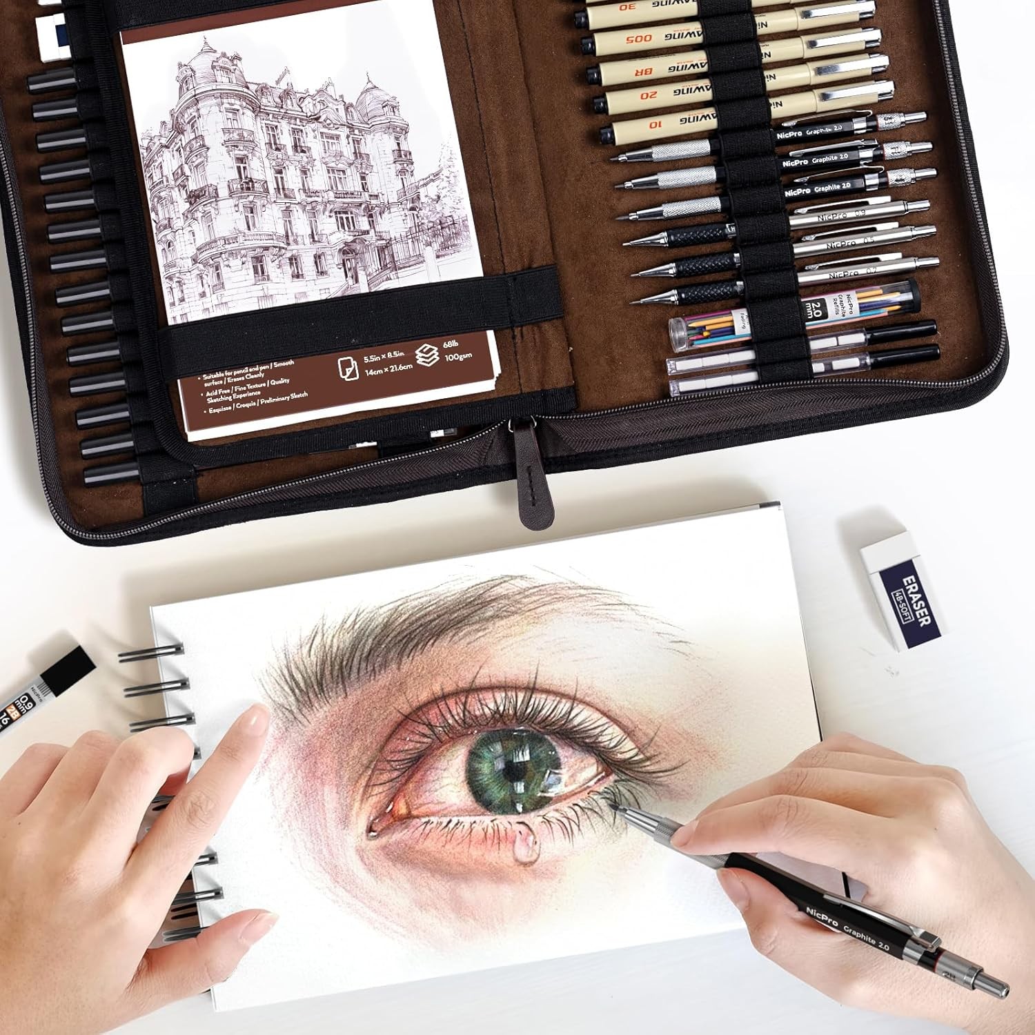 Nicpro 58 PCS Art Drawing Supplies Kit in 0.5mm 0.7mm 0.9mm 2.0mm, Black