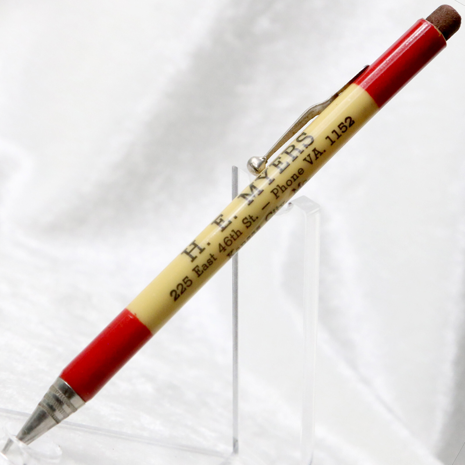 VTG 1930’s White & Red Celluloid Des Moines Iowa Advertising Mechanical Pencil