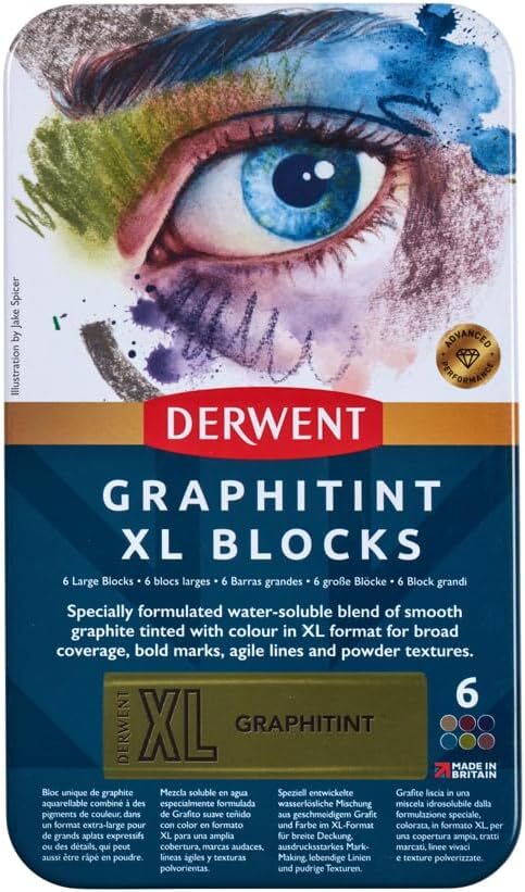 Derwent Graphitint XL Blocks 6 Tin, Set of 6, 60mm Assorted Colors