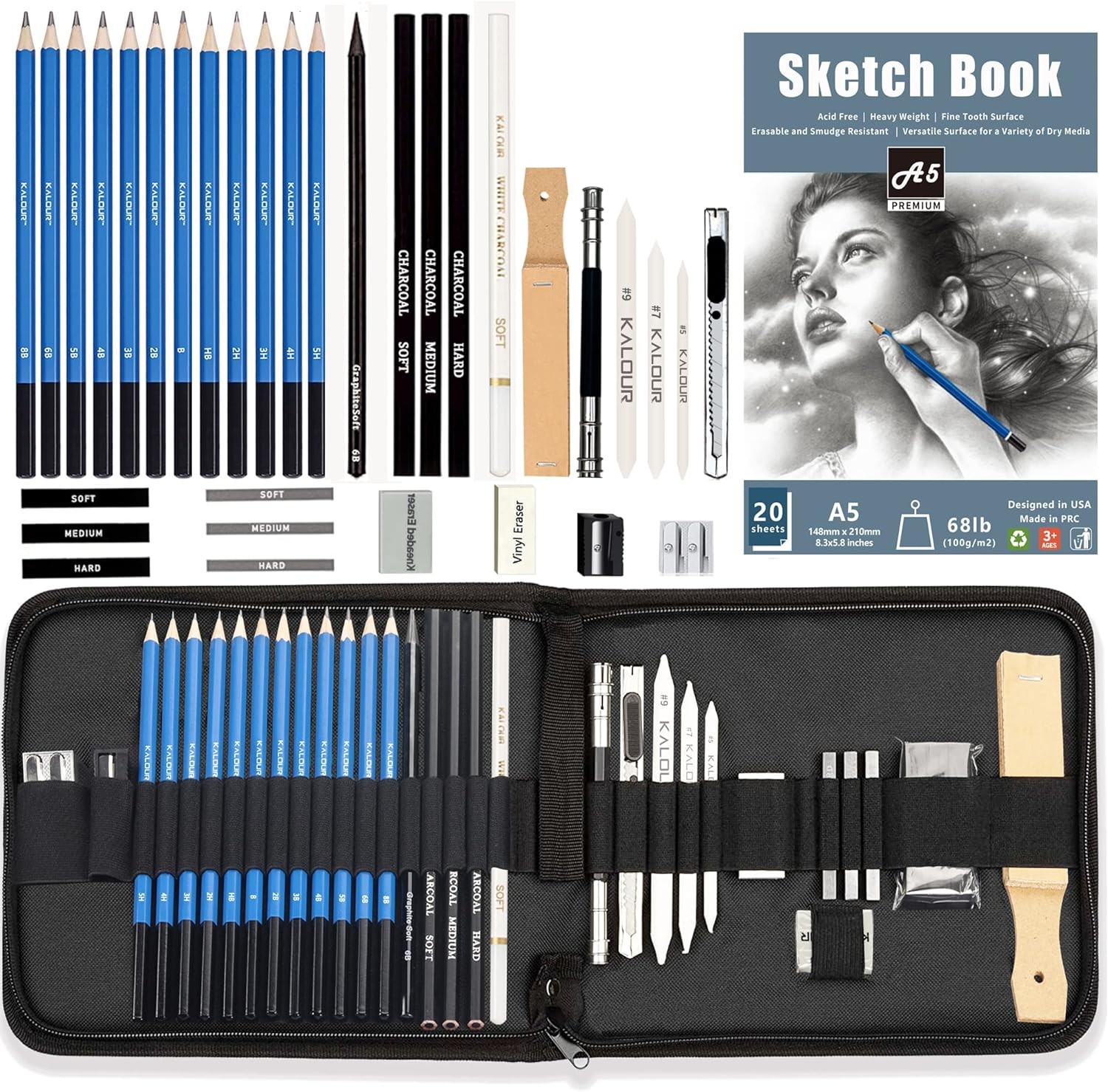KALOUR 34 Sketching Pencil Set with Sketchbook – 1 Count (Pack of 34), Grey