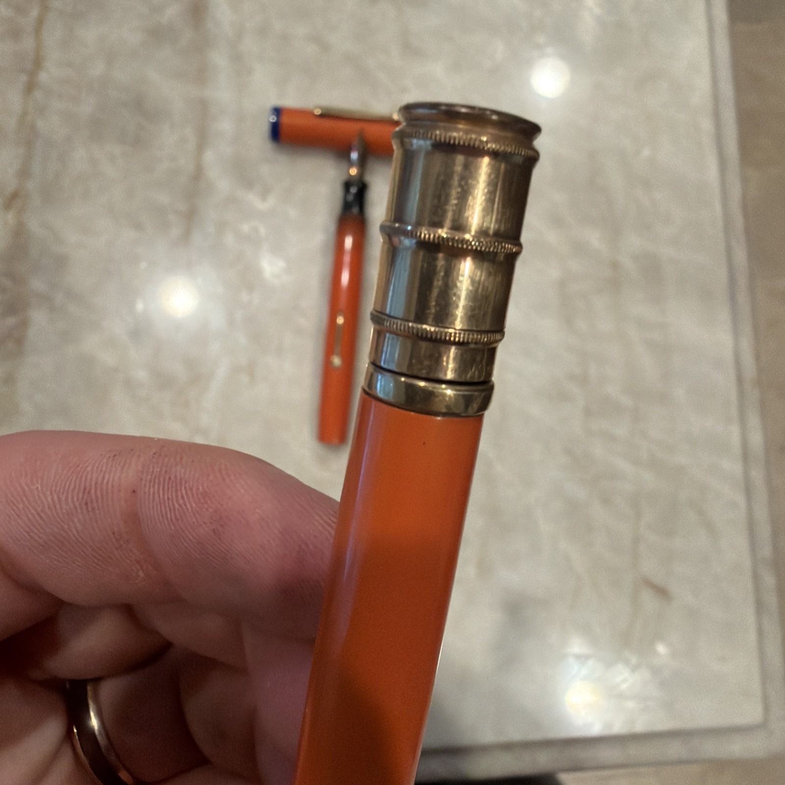 Gold Medal Vintage Red Orange Hard Rubber Pencil And Oversized Fountain Pen Set