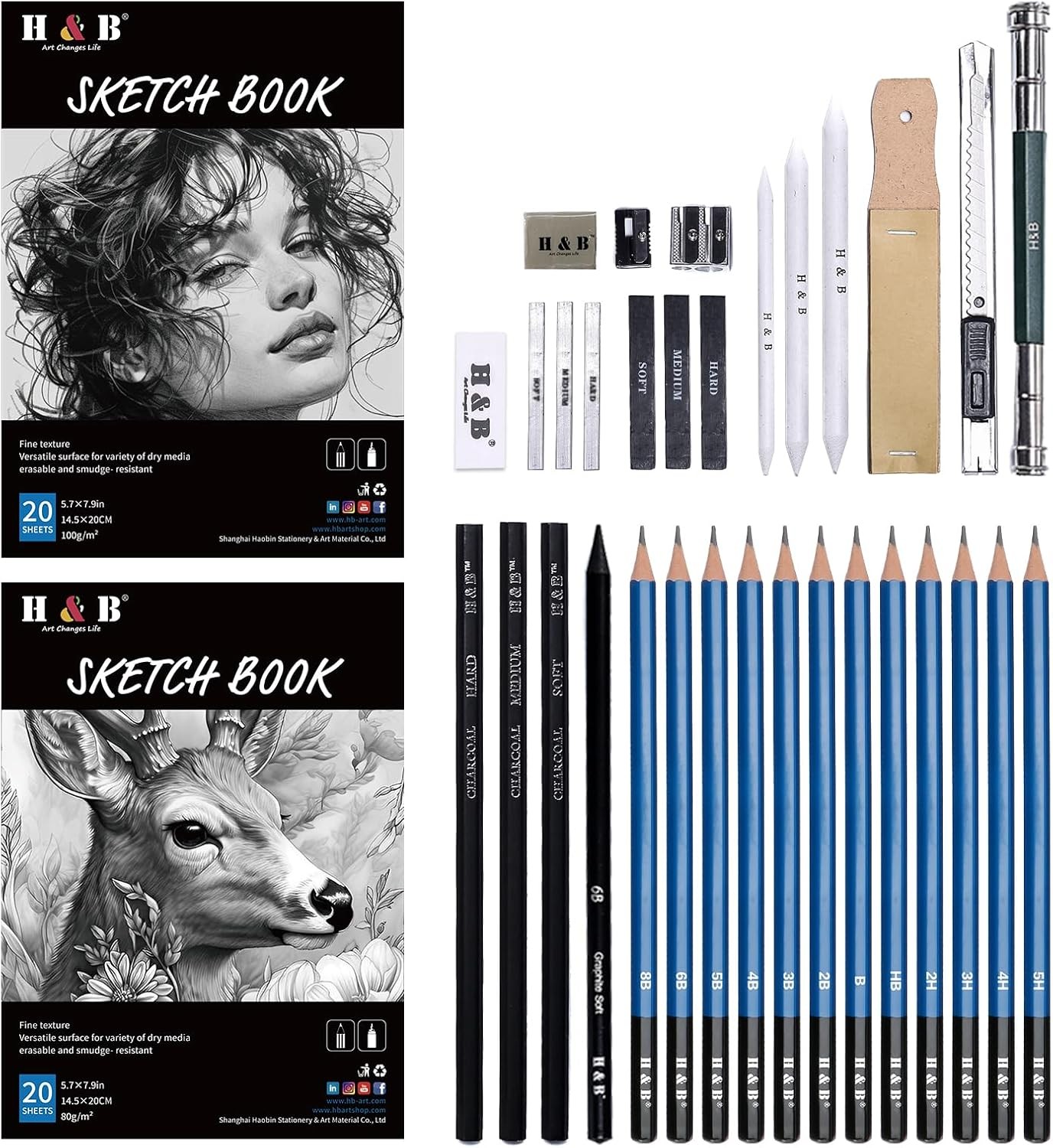 H & B 36 Pack Drawing Set Sketch Kit,Sketching Supplies 36 Piece Set, Black