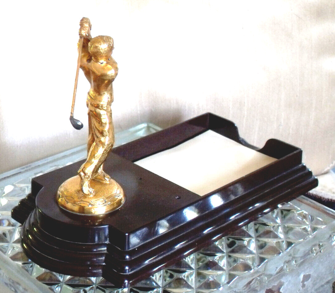 Vintage Dodge Wm A Rogers trophy, golden golfer on Bakelite desk tray notepad