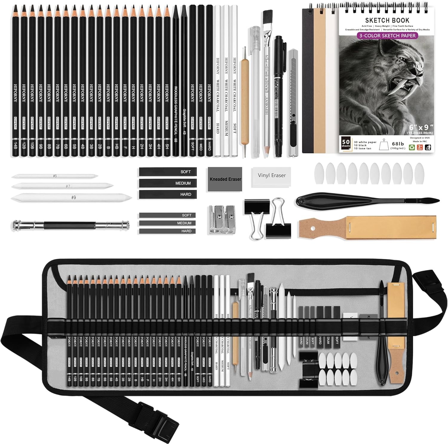 HIFORNY 60 Pcs Drawing Kit Sketching Pencil Set,Sketch Pencils Art Black