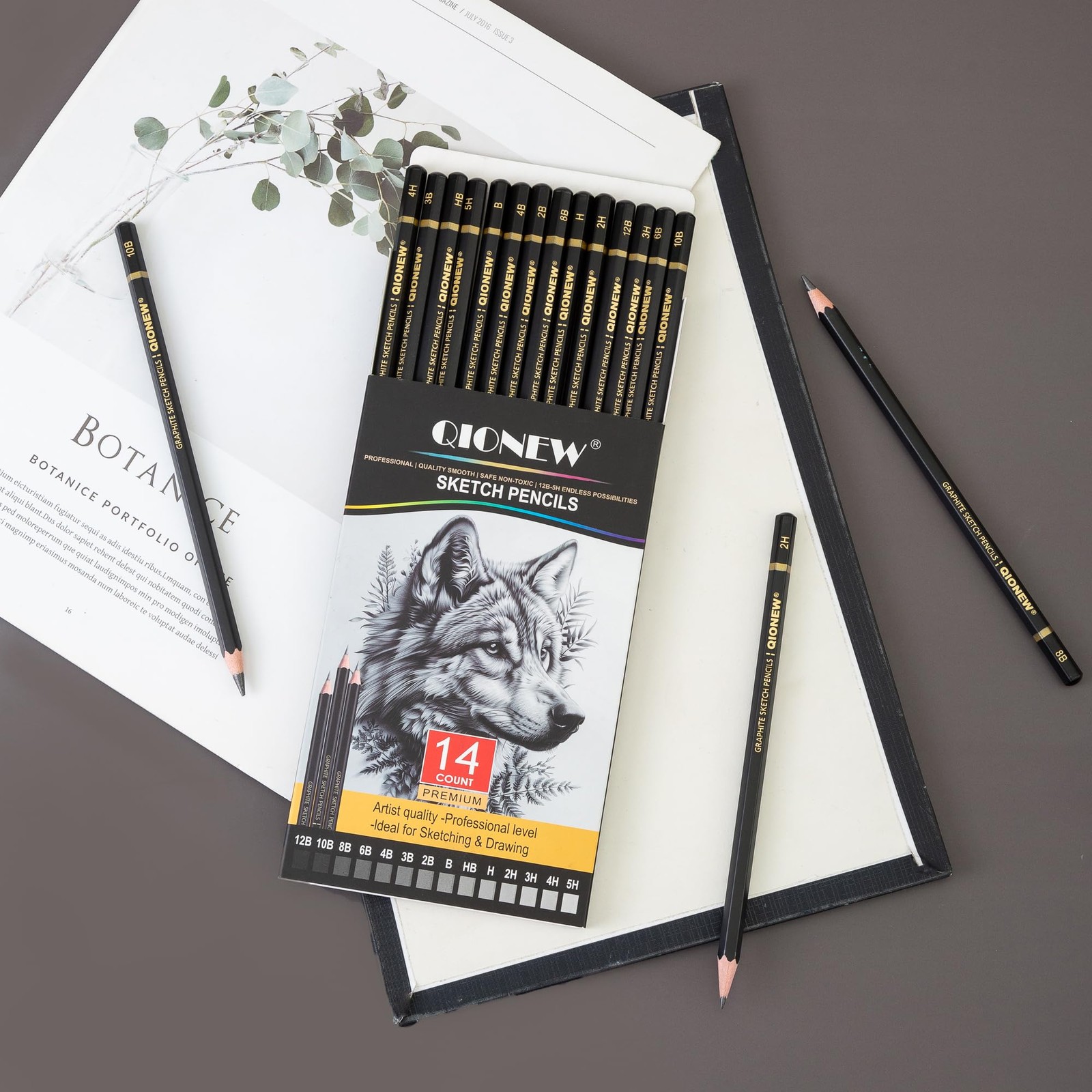 Qionew Professional Sketching Pencil for Drawing,14 Pack, Graphite Black
