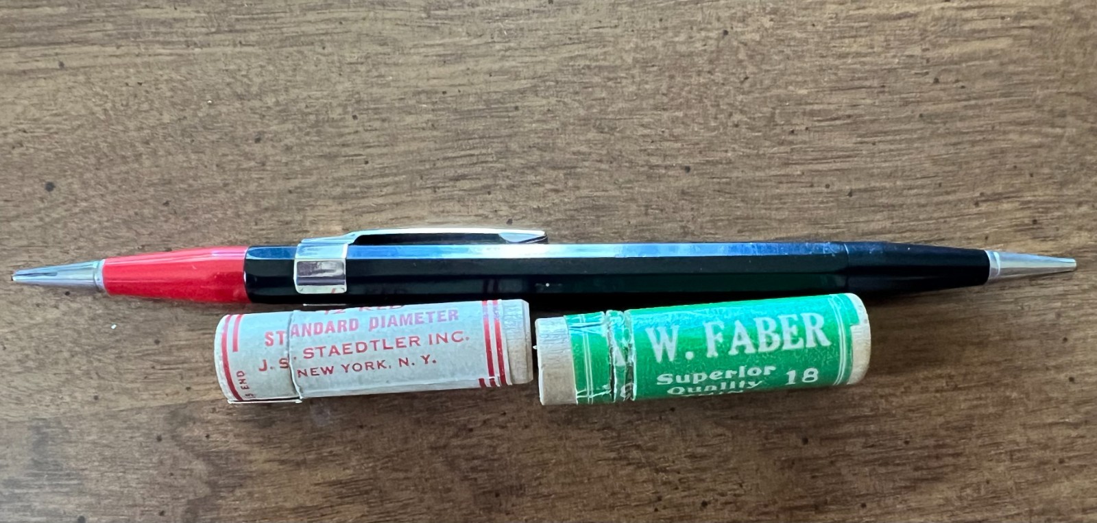 Autopoint Mechanical Pencil Black/Red w/ Vintage Faber & Staedtler Lead Tubes