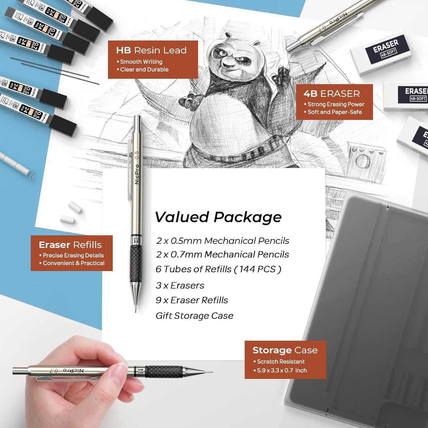 Nicpro 4-Piece Metal Mechanical Pencil Set with Lead Refills and Erasers
