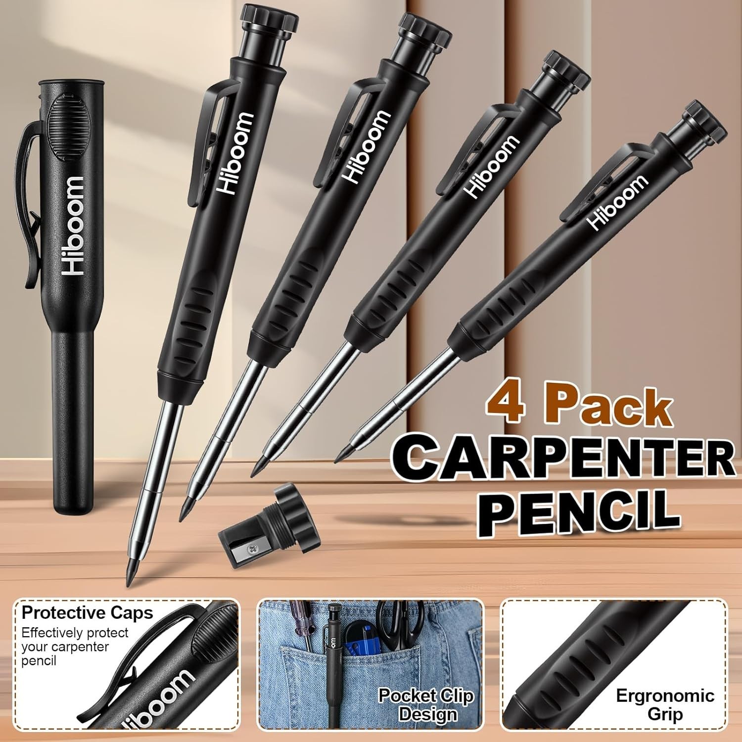 Hiboom 4 Pack Carpenter Pencils Set with 24 Refills, 2.8 mm Mechanical Black