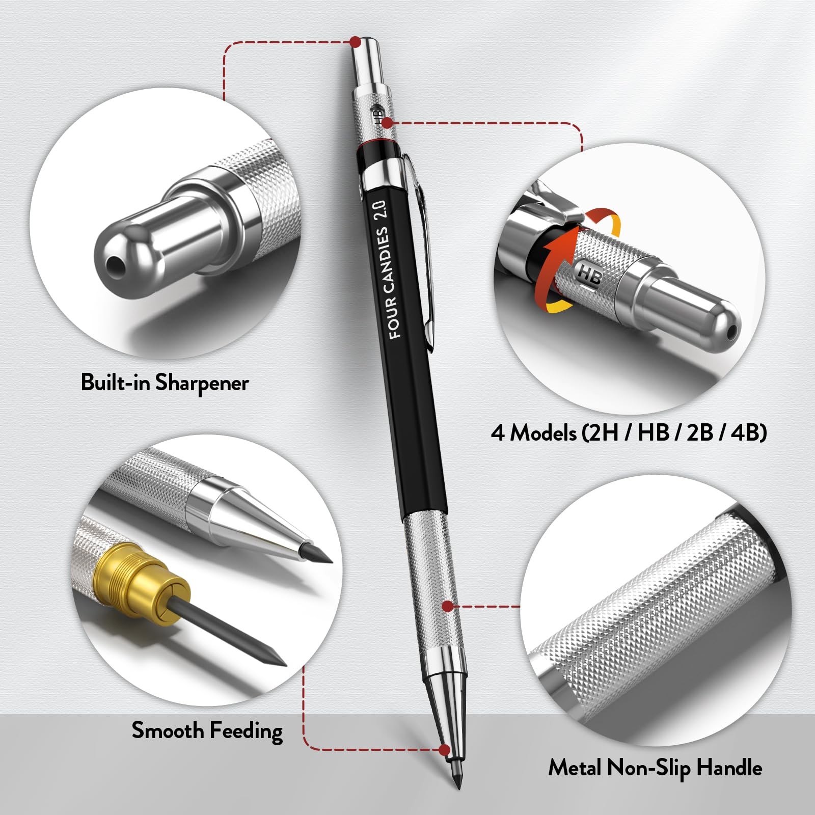 Four Candies 2MM Mechanical Pencil Set with case, Artist 9 Piece Set, Black