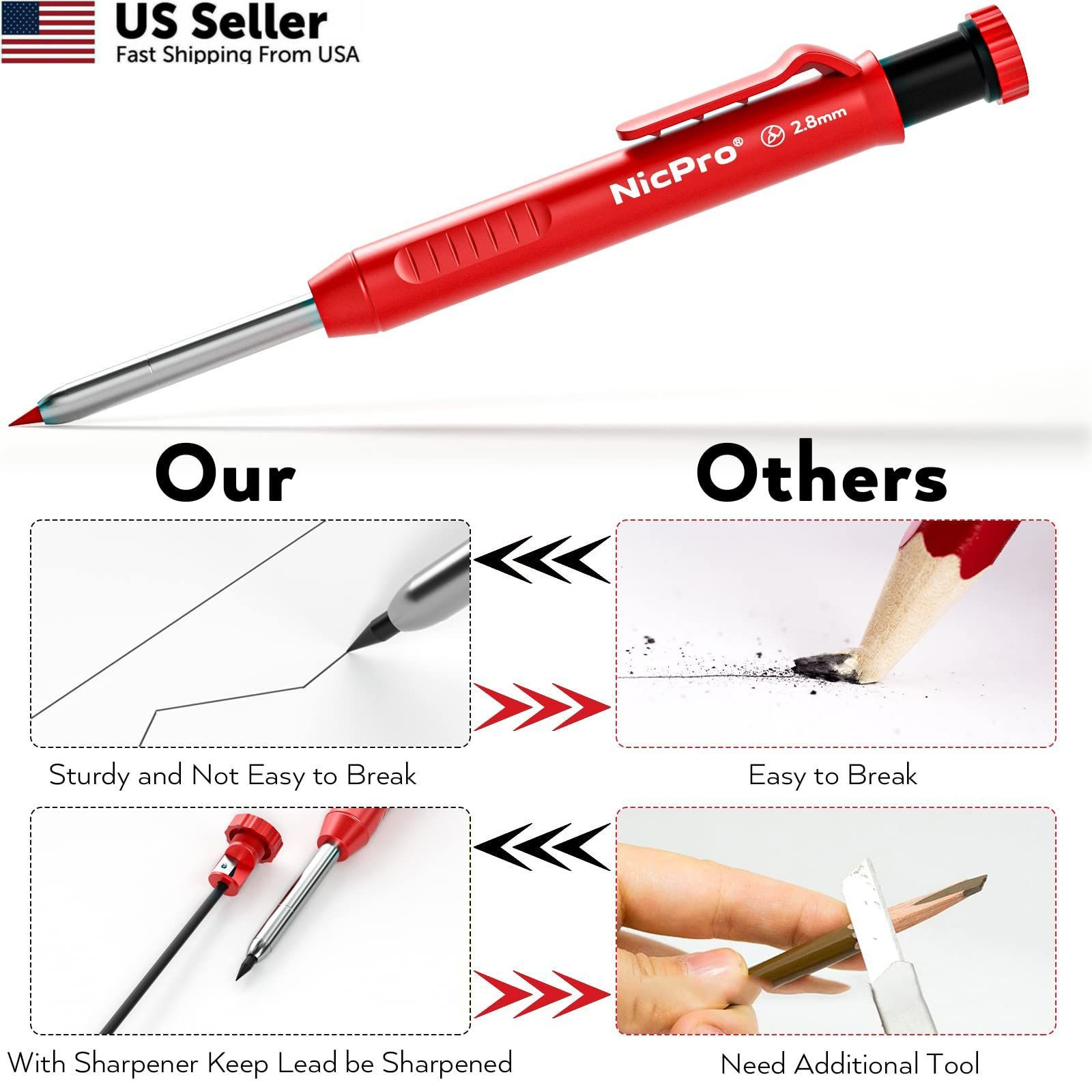 Nicpro 3 Pack Carpenter Pencil with Sharpener, 3 Pack, Black,Red,Yellow