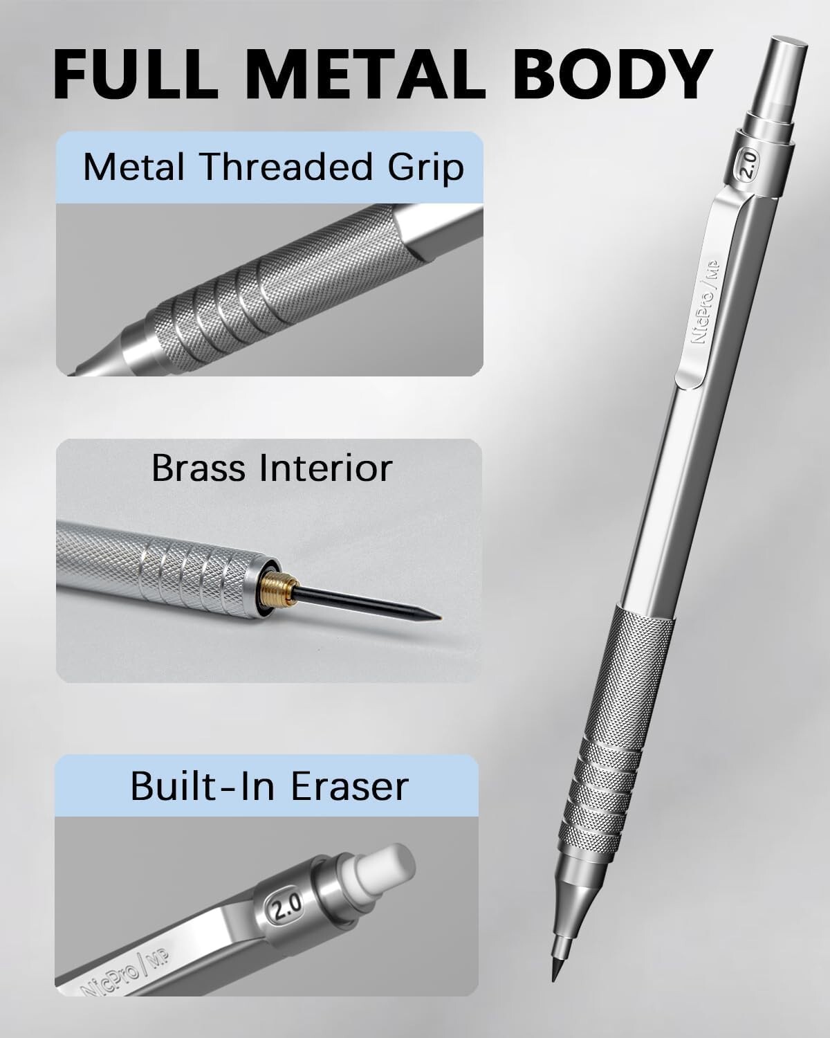 Durable Metal Mechanical Pencil Set for Artists with 10 Refill Leads & Case
