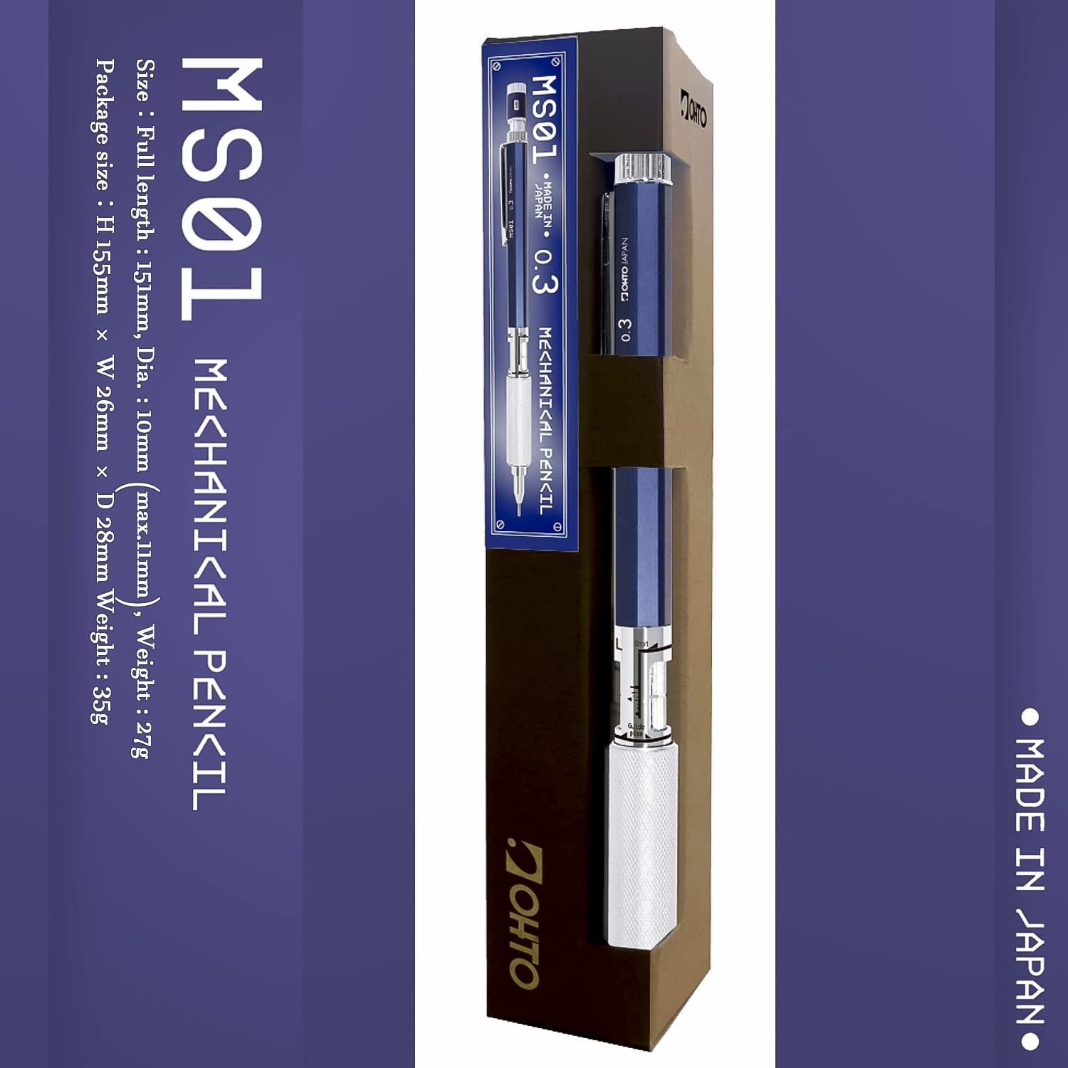 0.3mm OHTO MS01 Auto Mechanical Drafting Pencil Navy Blue Metal Body